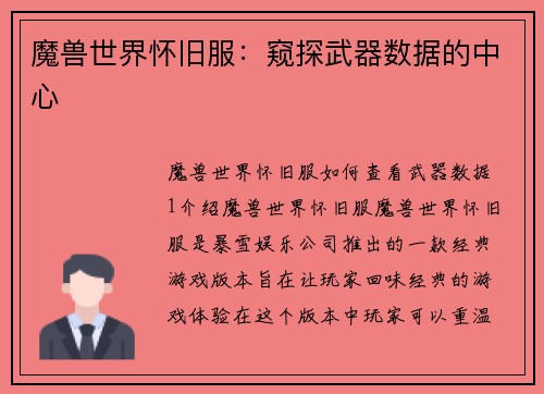 魔兽世界怀旧服：窥探武器数据的中心